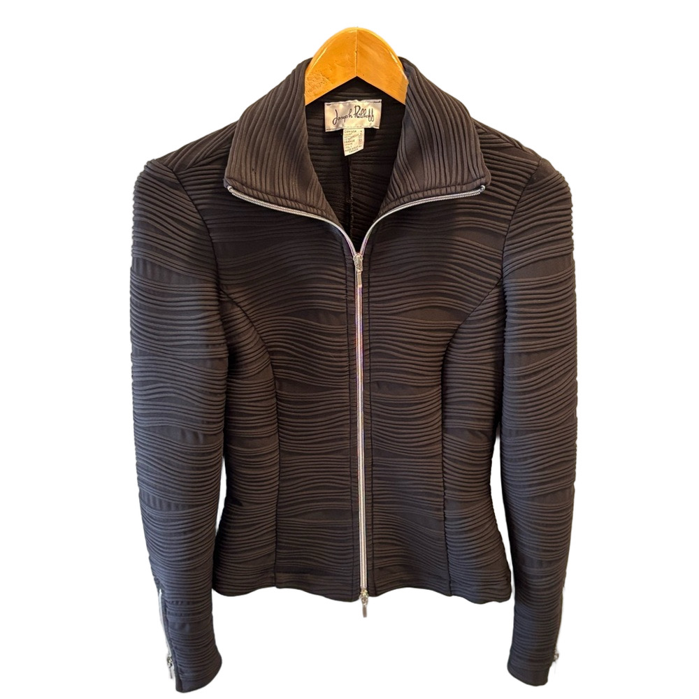 JOSEPH RIBKOFF Ribbed Moto Zip Up Jacket Slim Fit Size 4 Black Zipper Cuff